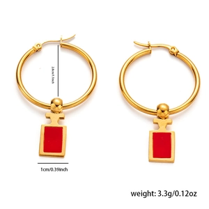 Golden round earrings with red perfume bottle silhouette charms and size dimensions