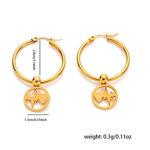 Detail showing 2.8cm gold hoop earrings with heartbeat charm and precise dimensions