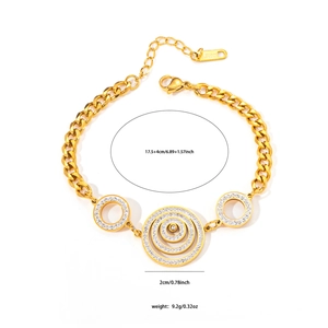 Detail view of gold stainless steel chain bracelet with crystal charms and size specs
