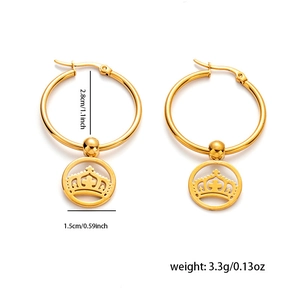 Detailed view of gold hoop earrings with crown and cross charms with dimensions