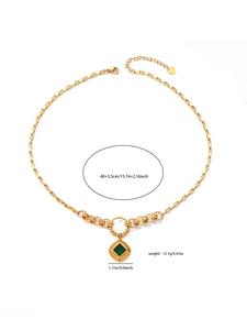 Detail view of retro square emerald pendant necklace with measurements and weight specifications