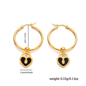 Detail view of gold heart lock hoop earrings with black enamel inlay and dimensions