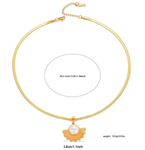 Detail view of gold snake chain necklace with pearl pendant and leaf design measurements