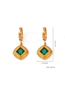 Detailed dimension view of gold drop earrings with green square gemstones and dimensions