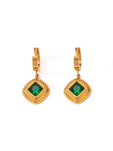 Close-up of gold-plated hoop earrings with square emerald stones and radial texture