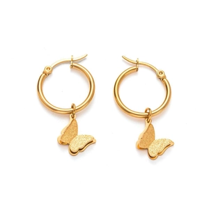 Elegant gold titanium steel hoop earrings featuring frosted butterfly charms on white background