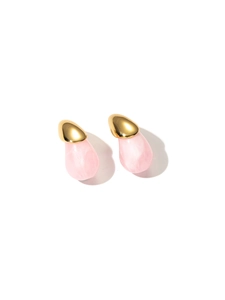 Detailed close-up of golden stainless steel earrings with pink resin teardrop pendants