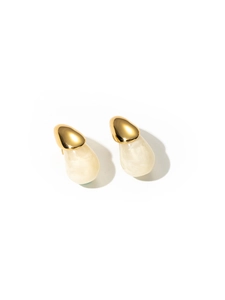 Detail of teardrop dangle earrings with gold metal stud and marbled resin texture