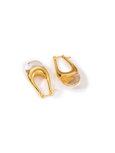 Detail view of gold-plated titanium earrings with transparent resin sphere design