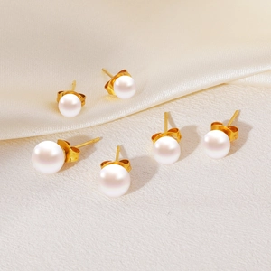 Lot de 3 paires de puces d'oreilles perles en acier inoxydable doré 18K sur soie
