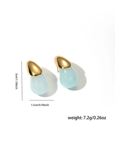 Detailed view of light blue teardrop earrings with golden spheres and size measurements