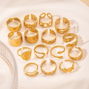 Stainless Steel Gold Plated Adjustable Rings For Women Minimalist Textured Geometric Open Finger Ring Vintage Jewelry Gift