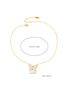 Detail showing 40+5cm chain length and 2.5cm butterfly pendant dimensions on white background