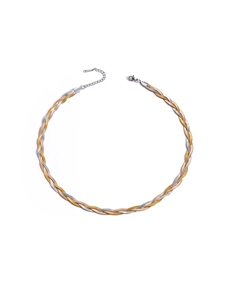 Detailed close-up of tricolor braided flat snake chain necklace with gold and silver links