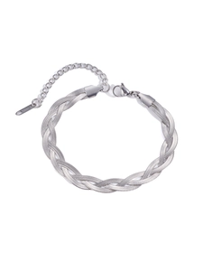 Macro shot of silver woven snake chain necklace with lobster clasp and S.STEEL tag