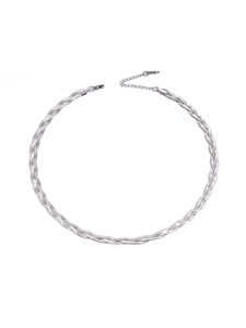 Detailed view of silver braided herringbone snake chain with lobster clasp and extension