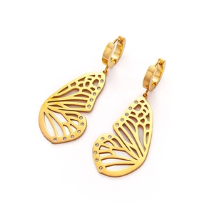 Elegant gold titanium steel butterfly wing drop earrings with sparkling zircon stones