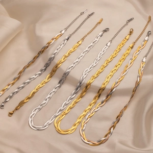 Vintage Stainless Steel Twisted Braided Snake Chain Necklace For Women Gold Silver Tri-color Flat Herringbone Chain Jewelry