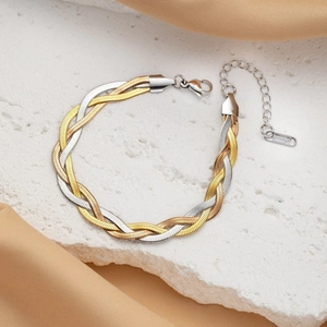 Three-tone braided stainless steel chain necklace in gold, silver and rose gold finishes