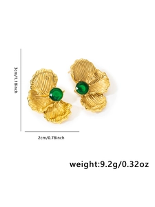 Detail view of gold flower earrings with green zircon showing 3cm height and 2cm width