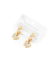 Macro detail of gold stainless steel butterfly earrings with sparkling crystal pavé