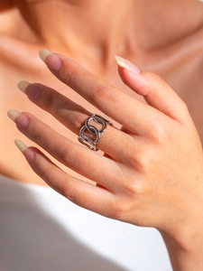 Detailed view of titanium steel layered chain ring worn on a finger for a modern style