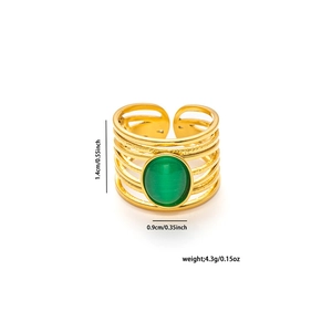 Detalle de anillo geométrico dorado con medidas e incrustación de piedra verde oval