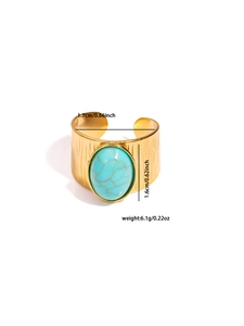 Detailansicht eines goldenen Titanrings mit gebürsteter Textur und ovalem blauem Stein