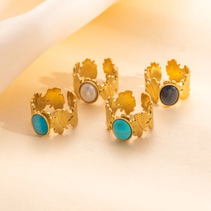 Anillos de hoja dorados ajustables con piedras turquesa perla y azul para mujer