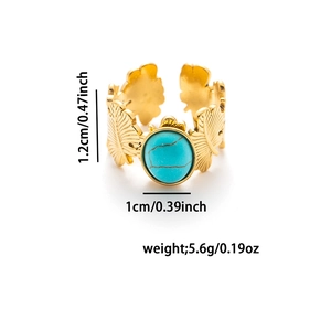 Anillo ajustable de acero inoxidable dorado con diseño de hoja y turquesa