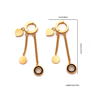 Detail view of gold heart drop earrings showing dimensions 5.5cm length and 6.2g weight