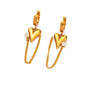 Chic gold-plated titanium steel heart hoop earrings with sparkling zircon tassels