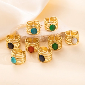 Anillos abiertos dorados multicapa con piedras cabujón coloridas de estilo bohemio