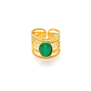 Anillo ajustable de acero de titanio dorado con gema ovalada verde ojo de gato