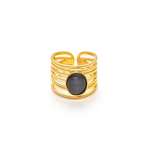 Anillo ajustable de acero de titanio dorado multicapa con gema ovalada gris central