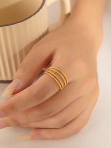 Detail of 18K gold plated thin titanium rings with frosted texture on model's hand
