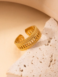 Macro detail of 18K gold plated steel ring featuring hollow rectangular patterns
