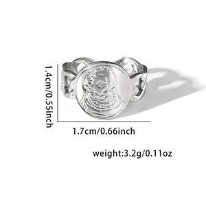 Detail of silver steel coin ring with portrait relief and hollow chain band