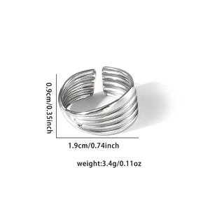 Macro shot showing dimensions and weight of multi-layer silver stainless steel ring