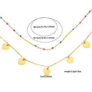 Double-layered gold stainless steel necklace with colorful beads and five heart pendants
