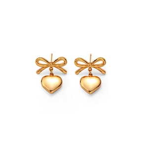 Elegant gold bowknot heart earrings with polished finish and dangling aesthetic