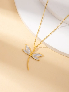 Elegant 18K gold plated dragonfly pendant necklace with white enamel and crystals