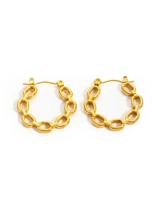 Detail view of gold chain-link hoop earrings with polished titanium steel finish