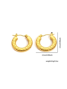 Detailed size view of gold textured hoop earrings featuring hexagonal honeycomb patterns
