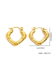 Detailed view of gold heart hoop earrings with dimensions and textured spiral pattern