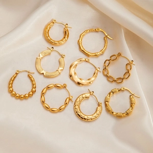 French Vintage Gold Plated Titanium Steel Hoop Earrings for Women Geometric Bamboo Chain Texture Earrings Non-Fading Jewelry