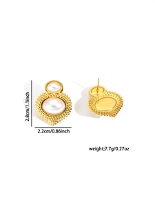 Detail view of heart-shaped gold studs with pearls and measurements for size and weight