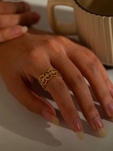 Close-up of a wide hollow pattern gold titanium steel ring worn on the index finger