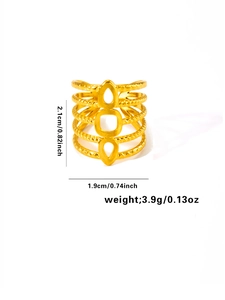 Detail view of five-layer hollow gold titanium steel ring with size and weight specs