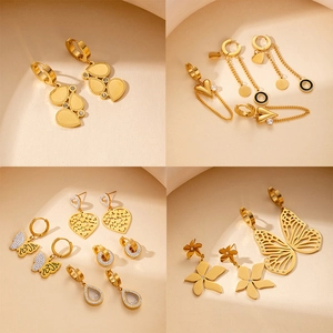 Fashion Stainless Steel Heart Butterfly Flower Waterdrop Dangle Earrings With Zirconia For Women Elegant Gold Jewelry Gift